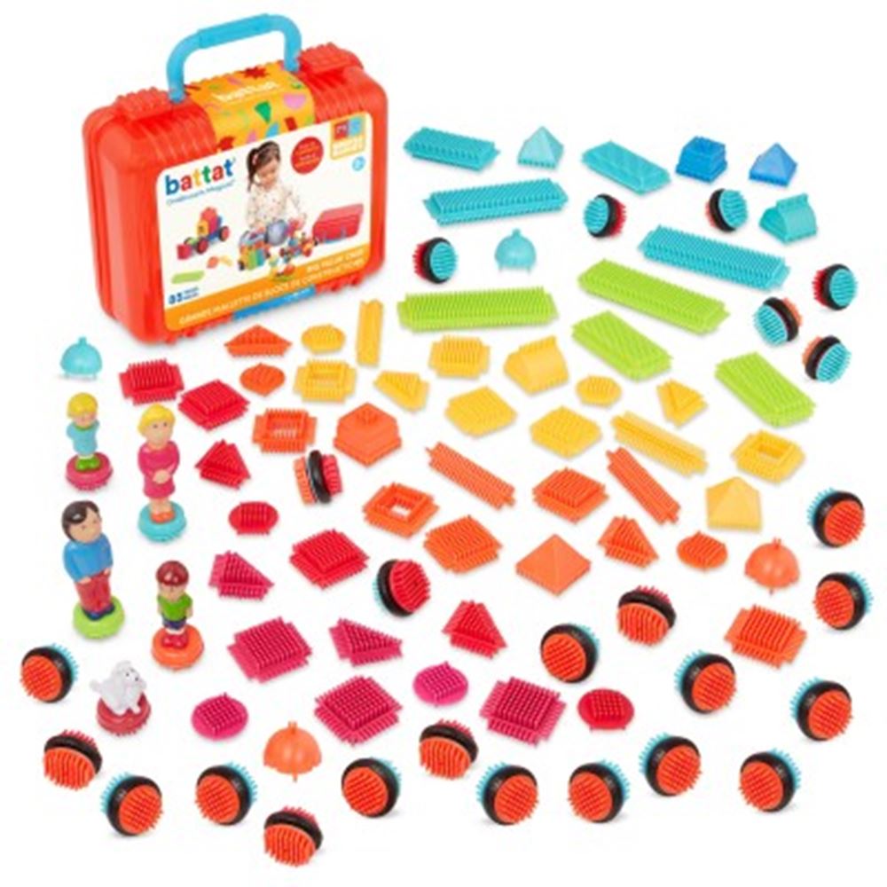 Bristle Blocks Bristle Blocks Suitcase avec des figures familiales et un animal de compagnie avec 85 pièces