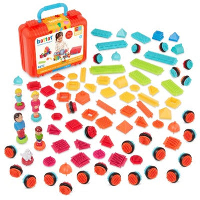 Bristle Blocks Bristle Blocks Suitcase avec des figures familiales et un animal de compagnie avec 85 pièces