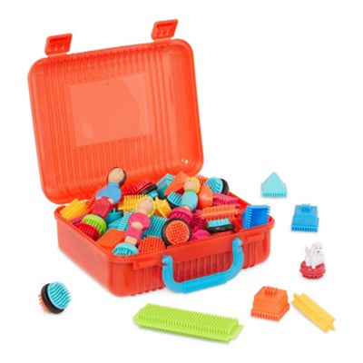 Bristle Blocks Bristle Blocks Suitcase avec des figures familiales et un animal de compagnie avec 85 pièces