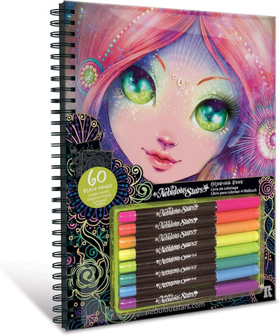 Étoiles nébuleuses - livre de coloriage - couleur sur papier noir - stylos gel métallisés - couleurs