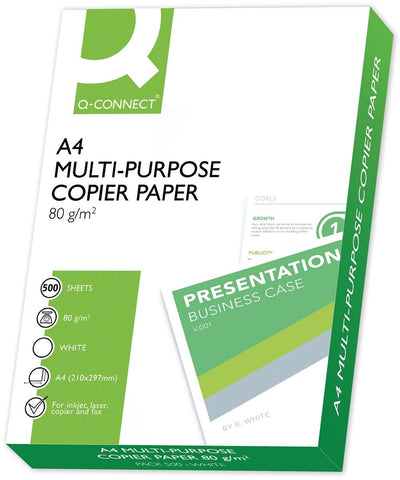 Papier de copie Q-connect, ft a4, 80 grammes, boîte de 5 paquets de 500 feuilles, blanc