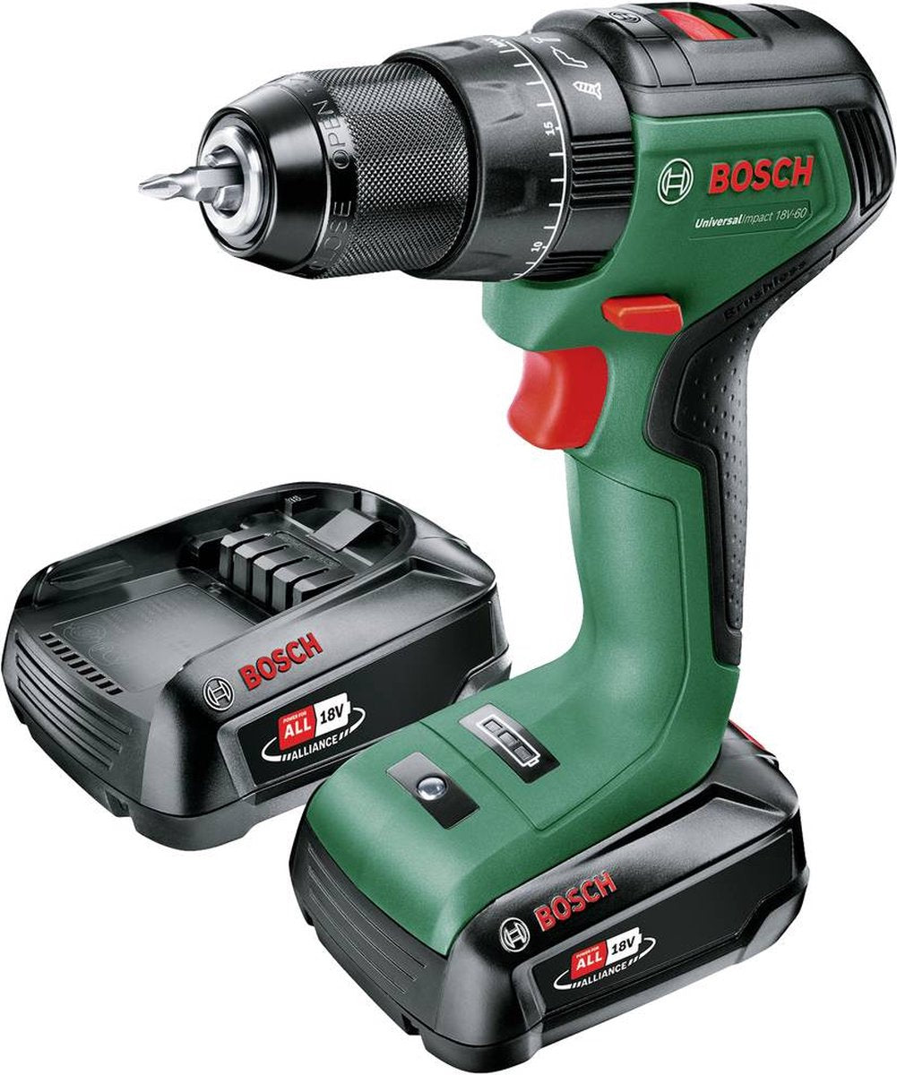 Lutin bosch vert universalact 18v-60 | visseuse-perceuse à percussion sans fil | avec deux postes | 2 batteries 2,0 Ah + chargeur - 06039d7102