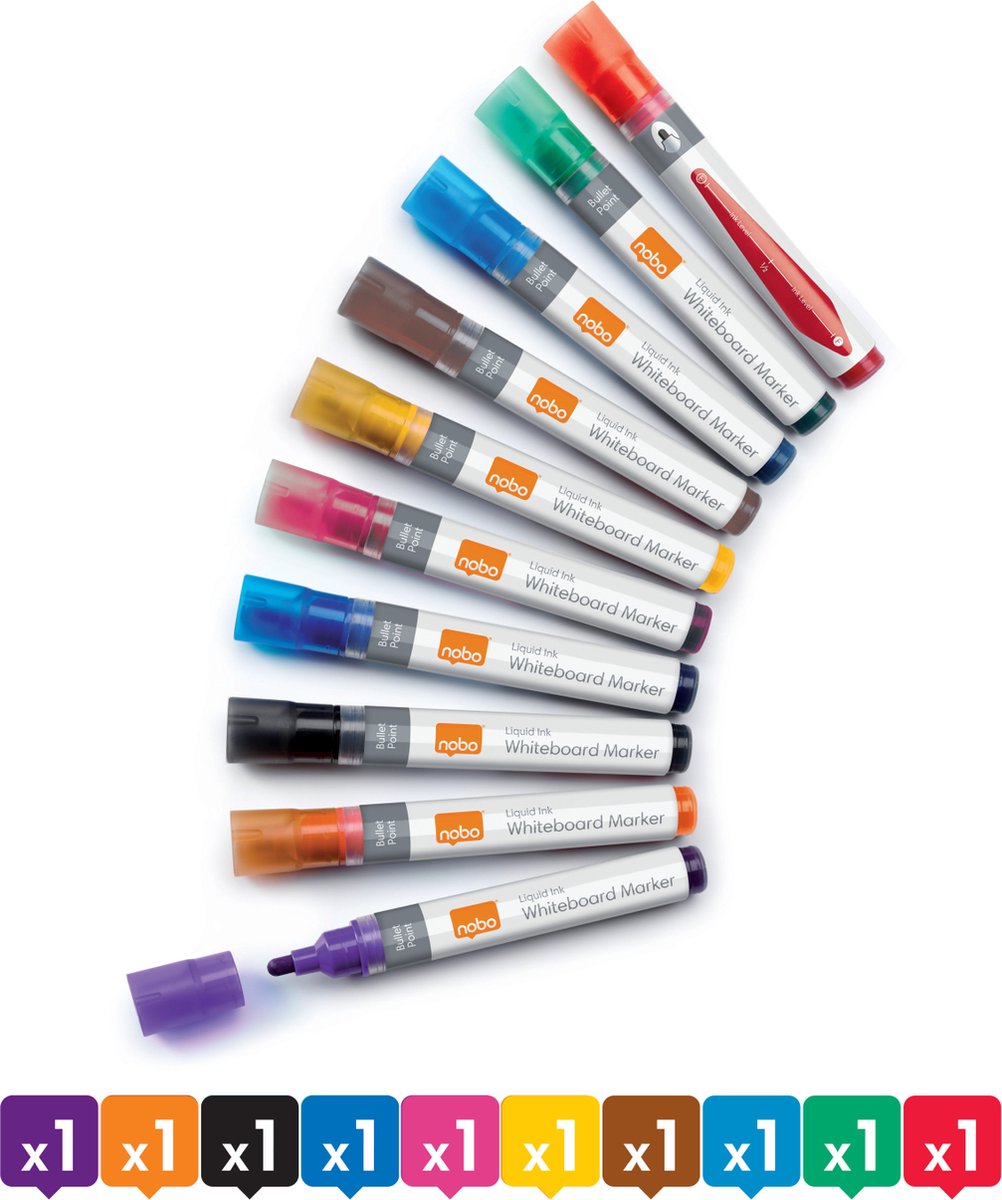 Marqueurs pour tableau blanc à encre liquide Nobo à pointe ronde - paquet de 10 - assortis