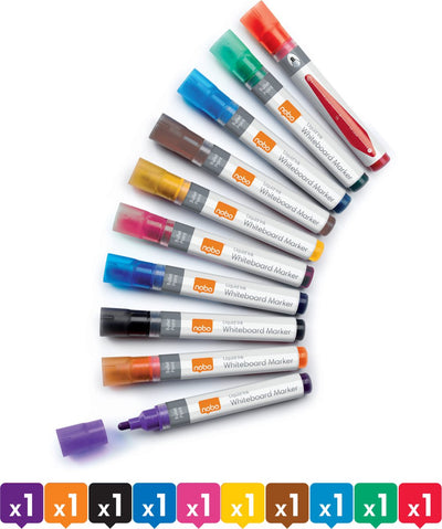 Marqueurs pour tableau blanc à encre liquide Nobo à pointe ronde - paquet de 10 - assortis