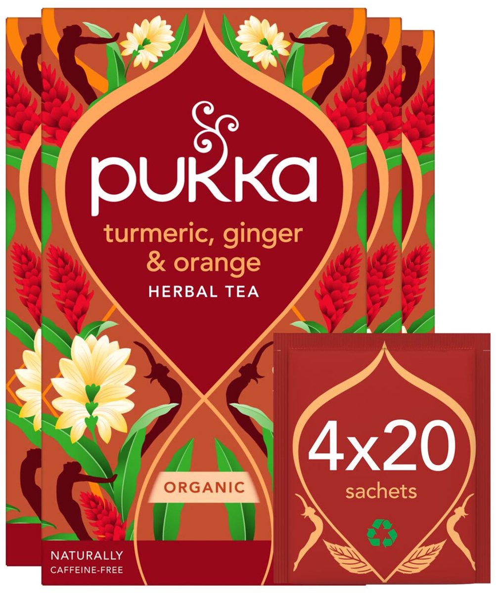 Thé Pukka curcuma, gingembre orange - 80 sachets de thé - tisane biologique - curcuma gingembre - 4 x 20 sachets - pack économique de thé
