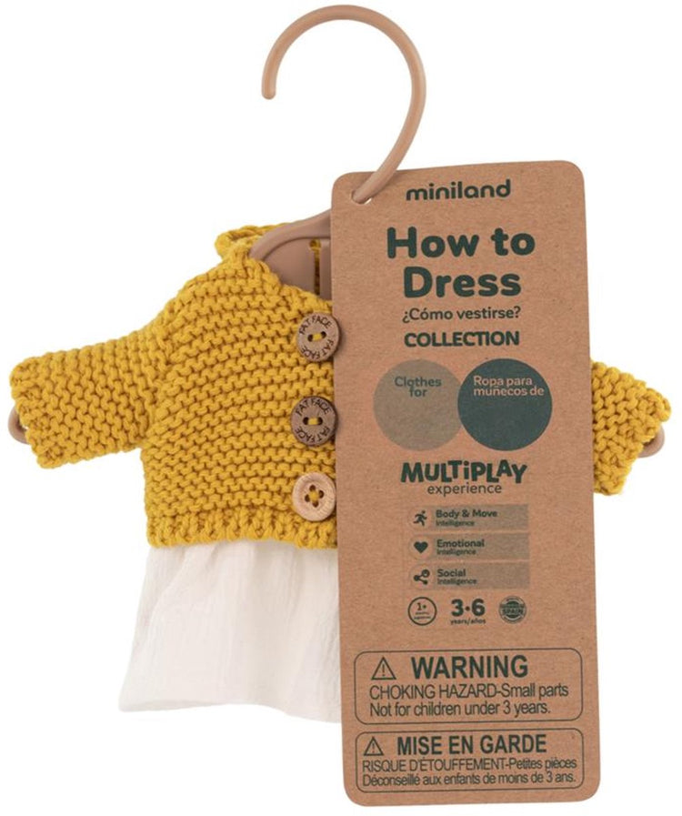 Poupées Miniland ml : ensemble de vêtements blanc ocre pour fille 21cm, 3 pièces, robe, gilet et pantalon, avec cintre, 3+