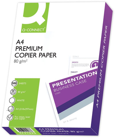 Papier de copie premium Q-connect, a4, 80 grammes, boîte de 5 paquets de 500 feuilles, blanc