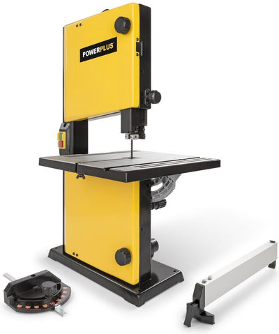 Scie à ruban électrique Powerplus powx1800 - Machine à scier 350w - table 302x313mm - guide d'angle à guide parallèle - avec 1 acc.