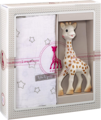 Coffret sophistiqué Sophie la girafe - jouets bébé - tissu hydrophile - cadeau maternité - cadeau baby shower - 4 pièces