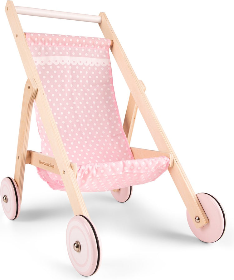 Woet ® landau de poupée en bois - landau de poupée jouet rose à pois - hauteur de poussée 50 cm - accessoire de poupée de jeu de rôle - à partir de 3 ans