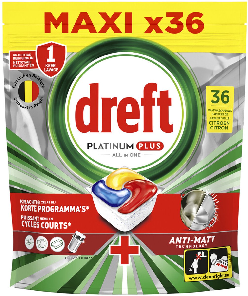 Tablettes pour lave-vaisselle tout-en-un Dreft Platinum Plus - Citron - Technologie anti-ternissement - 180 gélules - Volume annuel