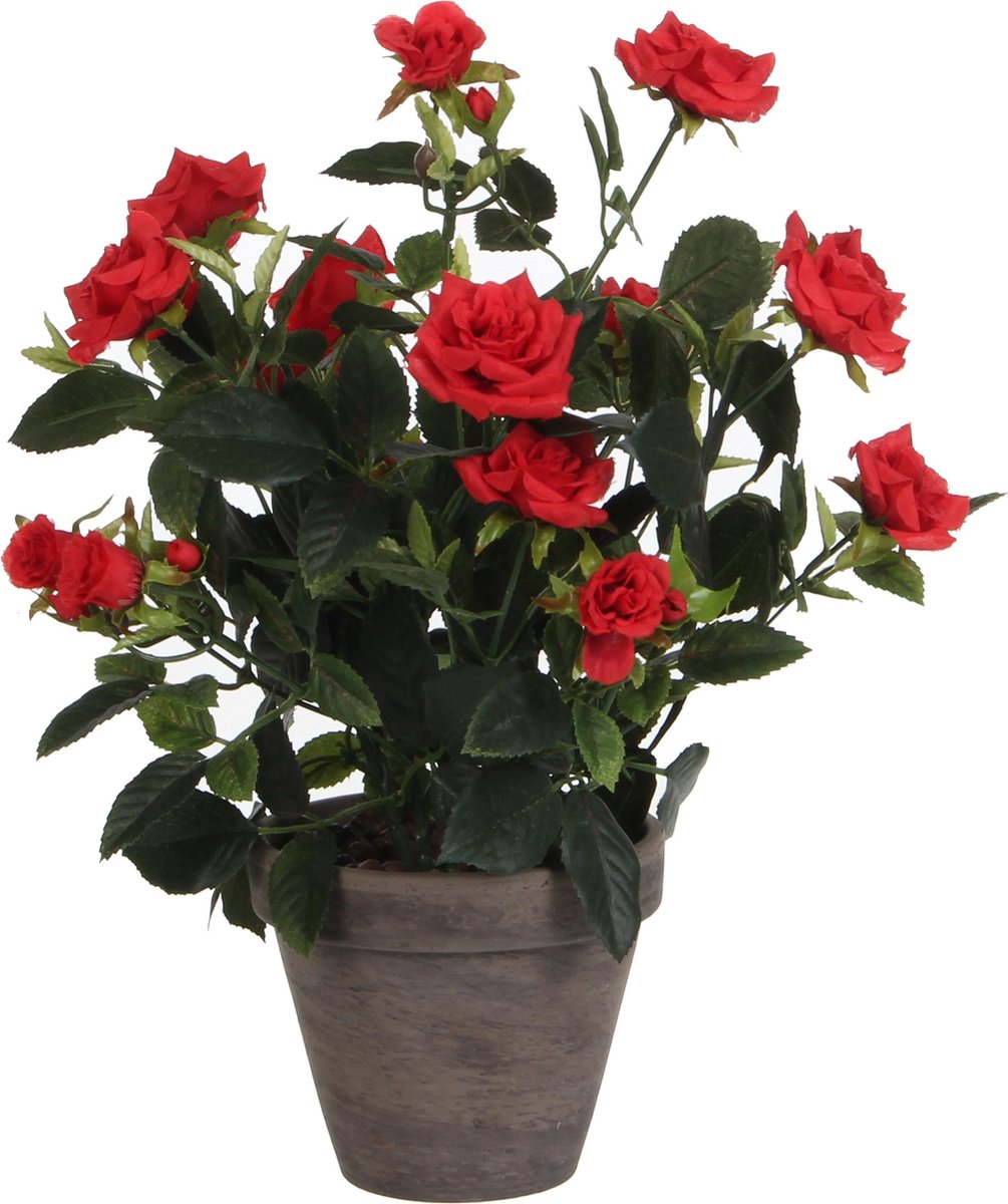 Plante artificielle décorations en Mica - roses - rouge - en pot gris - 33 cm