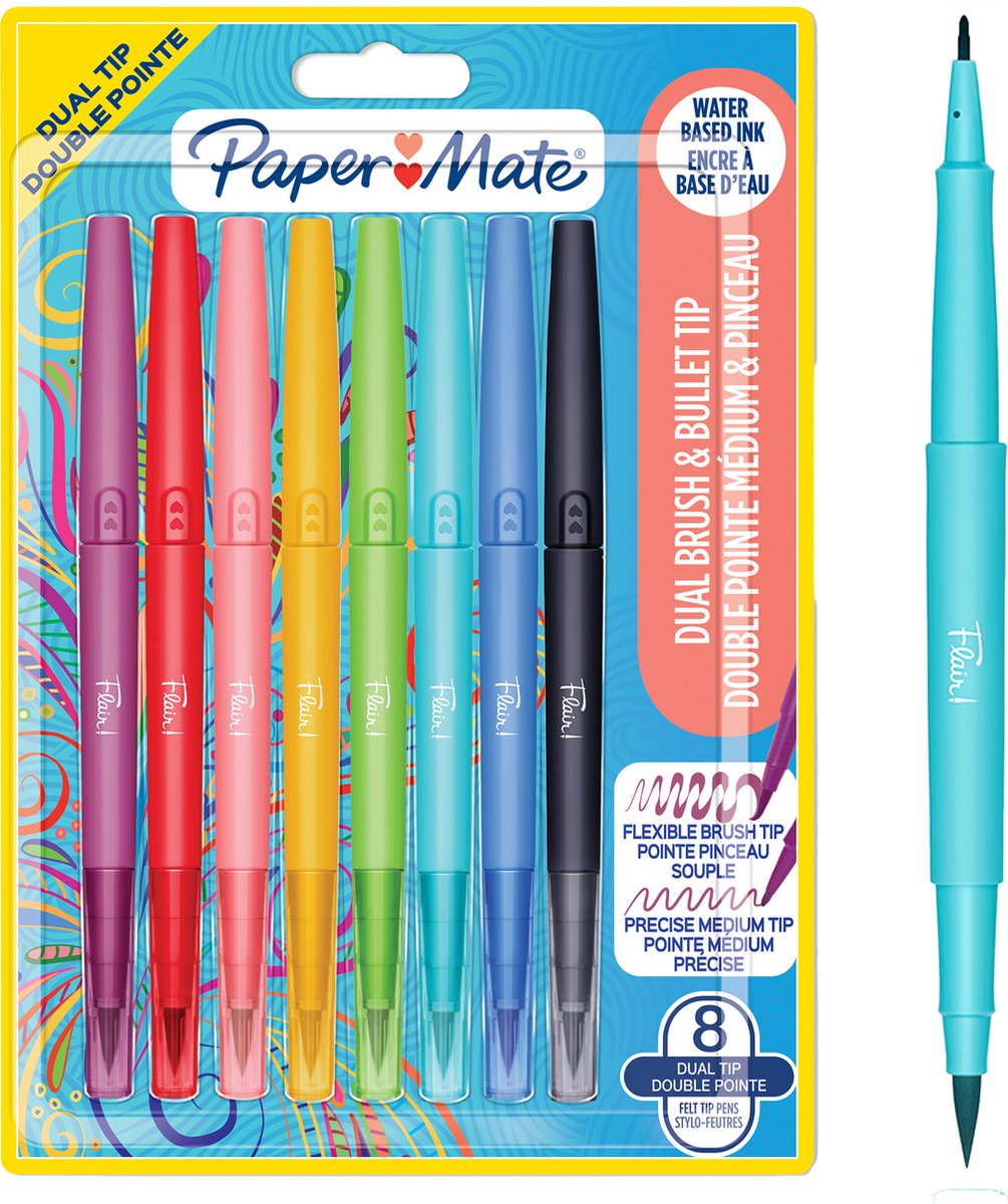Stylo-feutre double Paper Mate Flair | pinceau et extrémité moyenne (0,7 mm) | stylos de couleur à double extrémité | différentes couleurs | 8 pièces