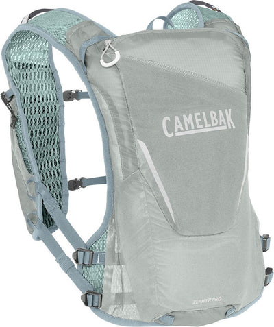Gilet Camelbak Zephyr pour homme - taille unique - matériau ultra léger - espace pour 2 bouteilles flexibles de 500 ml - réfléchissant - 8 compartiments - gilet de course - porte-gobelet - sac à boire - gris avec turquoise