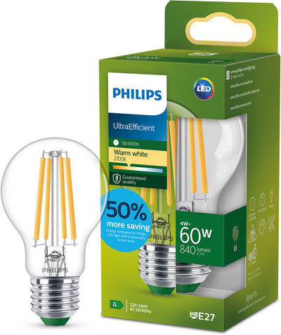 Philips LED Lampe LED Philips ultra efficace transparente - 60 W - E27 - lumière blanc chaud
