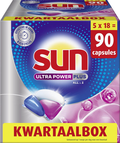 Sun - tablettes lave-vaisselle - ultra power plus - tout-en-1 - 90 gélules - boîte trimestrielle