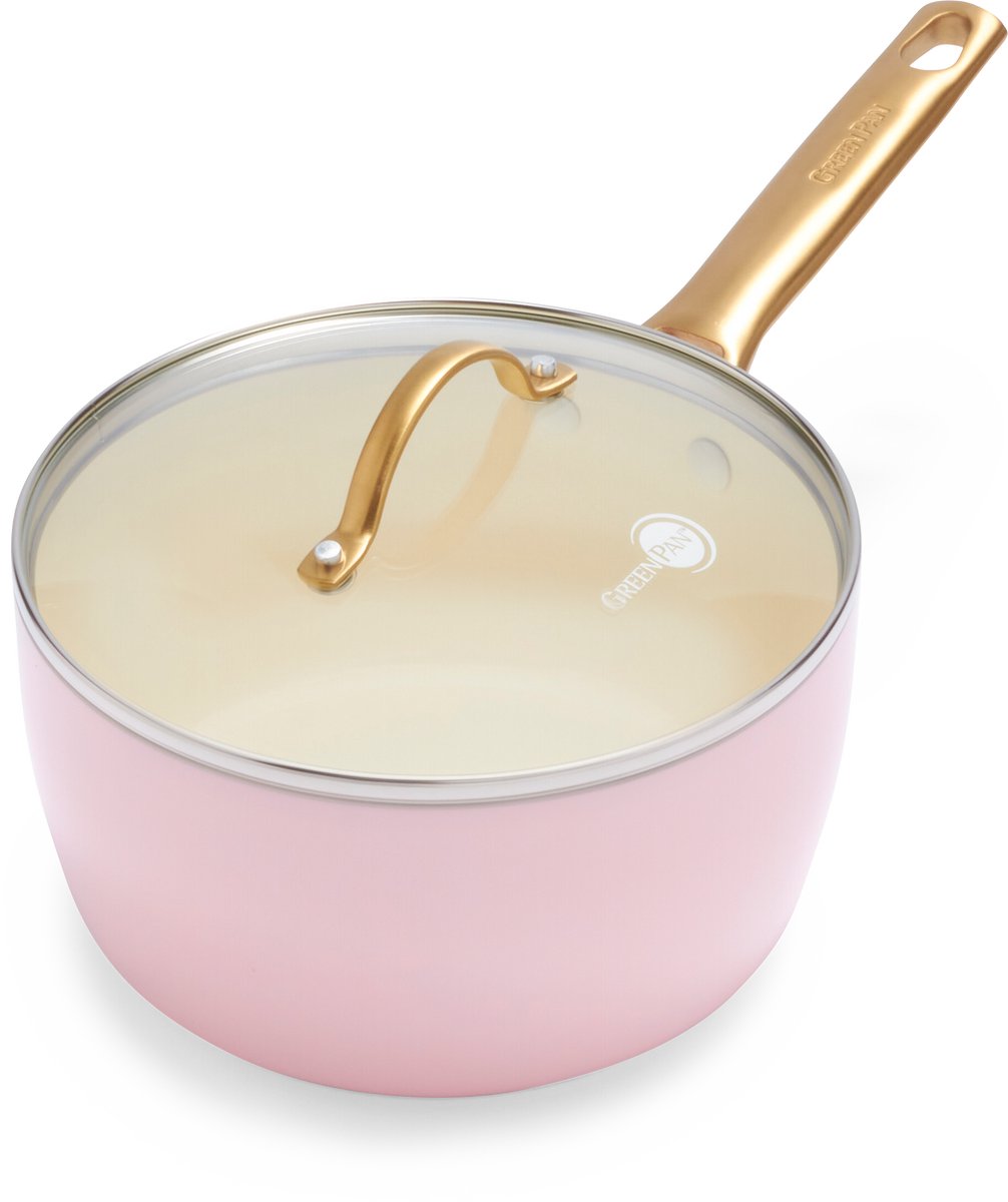Casserole à induction en céramique rose Greenpan Padova avec couvercle 18 cm - sans PFA - casserole à induction - passe au four jusqu'à 200°c - passe au lave-vaisselle - poignées en acier inoxydable - avec couvercles - rose