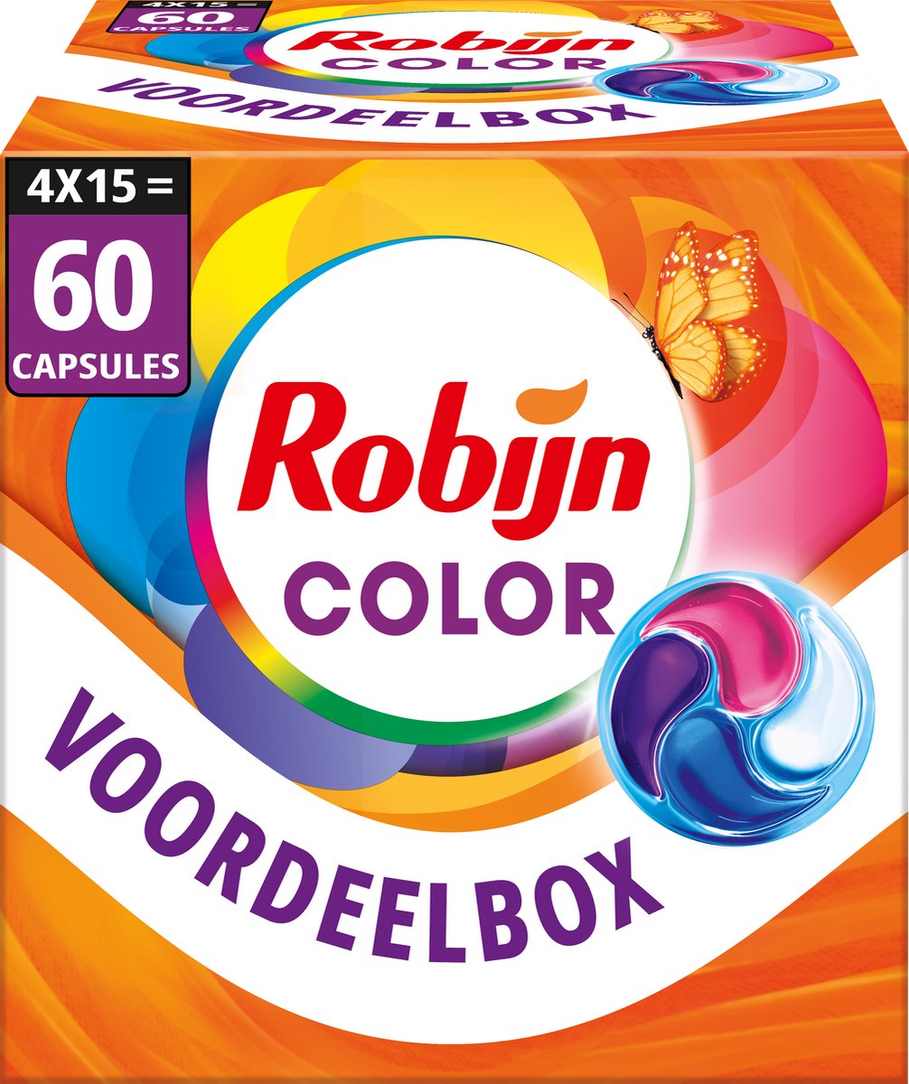 Détergent Robijn - Capsules de lavage 4 en 1 - couleur - 4 x 15 pièces - 60 lavages - pack économique