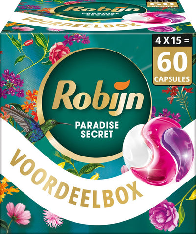 Robijn - Capsules de lavage 3 en 1 - Color Paradise Secret - 4 x 15 pièces - 60 lavages - Pack économique