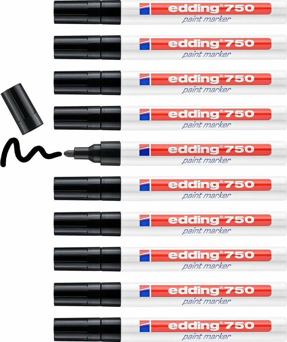 Marqueur peinture Edding 750 - noir - pointe ronde 2-4 mm - boîte de 10 pièces - stylo peinture pour marquer et étiqueter le métal, le verre, la pierre ou le plastique - résistant à la chaleur, permanent, anti-taches et imperméable