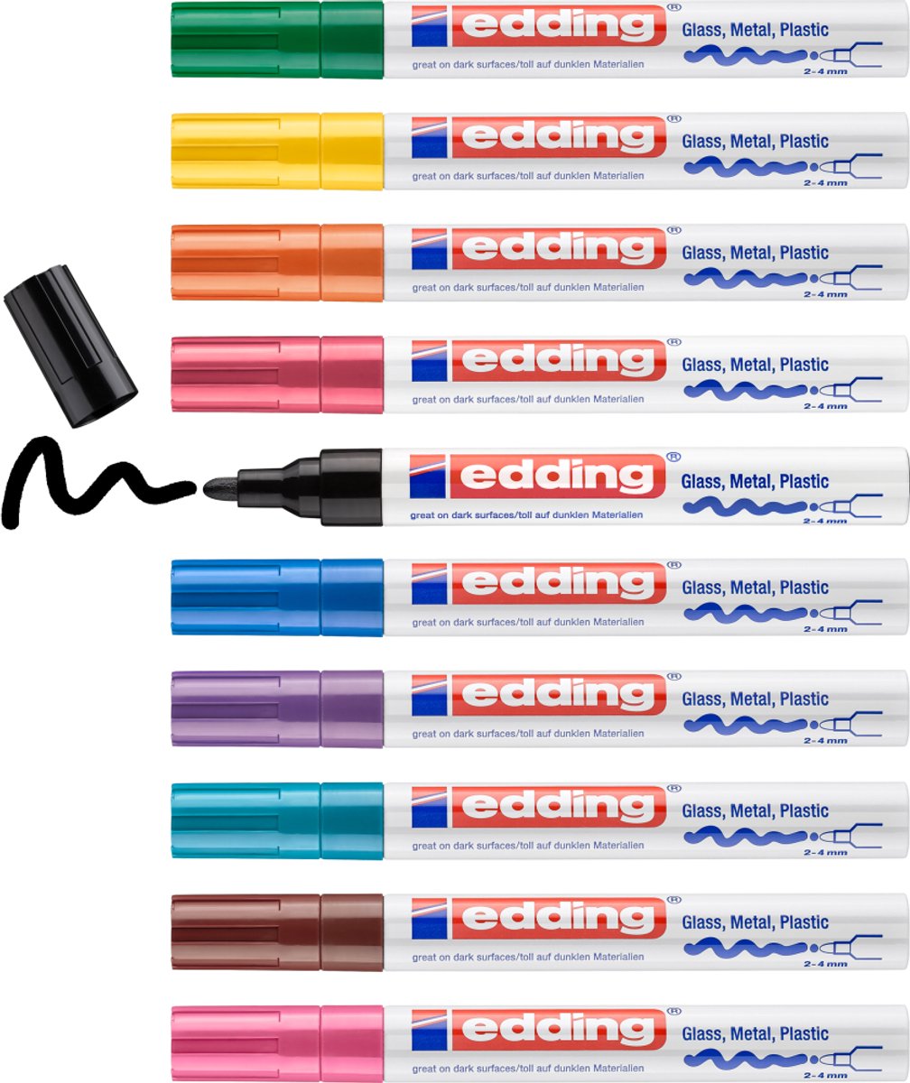 Marqueurs peinture brillante Edding 750 - boîte de 10 couleurs différentes - 2-4 mm - résistants à la chaleur et à la lumière - adaptés au marquage permanent, à la décoration, au dessin sur verre, métal, plastique et papier couché