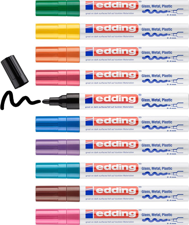 Marqueurs peinture brillante Edding 750 - boîte de 10 couleurs différentes - 2-4 mm - résistants à la chaleur et à la lumière - adaptés au marquage permanent, à la décoration, au dessin sur verre, métal, plastique et papier couché