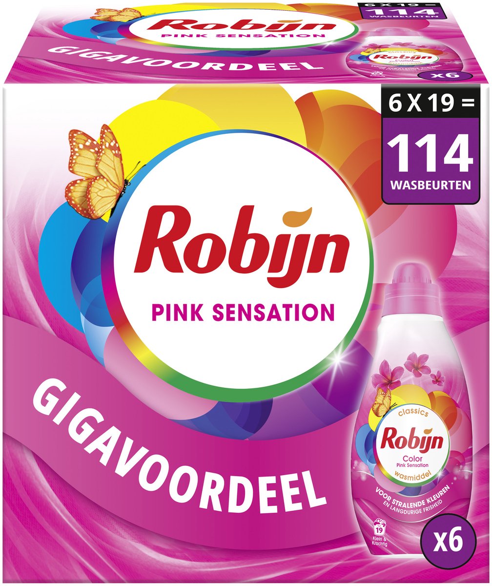 Robijn - lessive liquide - petit puissant - sensation rose - 6 flacons - 114 lavages
