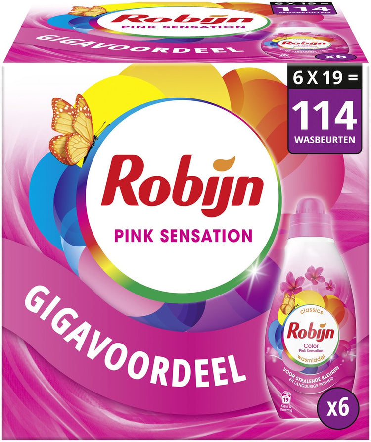 Robijn - lessive liquide - petit puissant - sensation rose - 6 flacons - 114 lavages