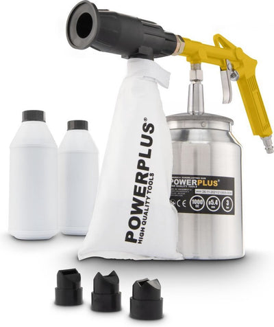 Pistolet de sablage pneumatique Powerplus powair0014 - pression de service : 3bar - 170l min - capacité du réservoir : 1000cc - incl. 5 accessoires et 2 x 1kg de poudre d'oxyde d'aluminium