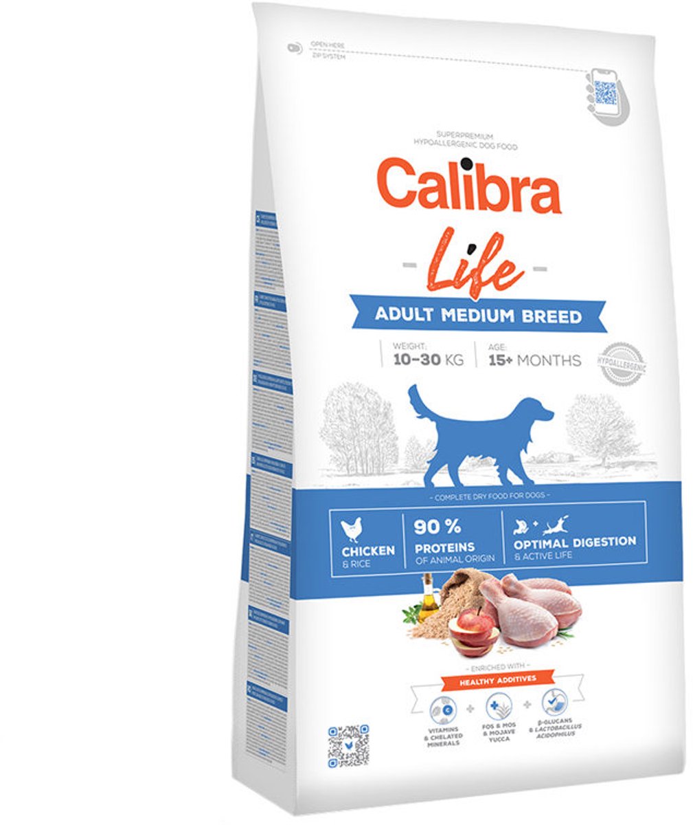 Calibra dog life adulte race moyenne - nourriture pour chien - poulet - 12 kg - hypoallergénique - pour races adultes moyennes
