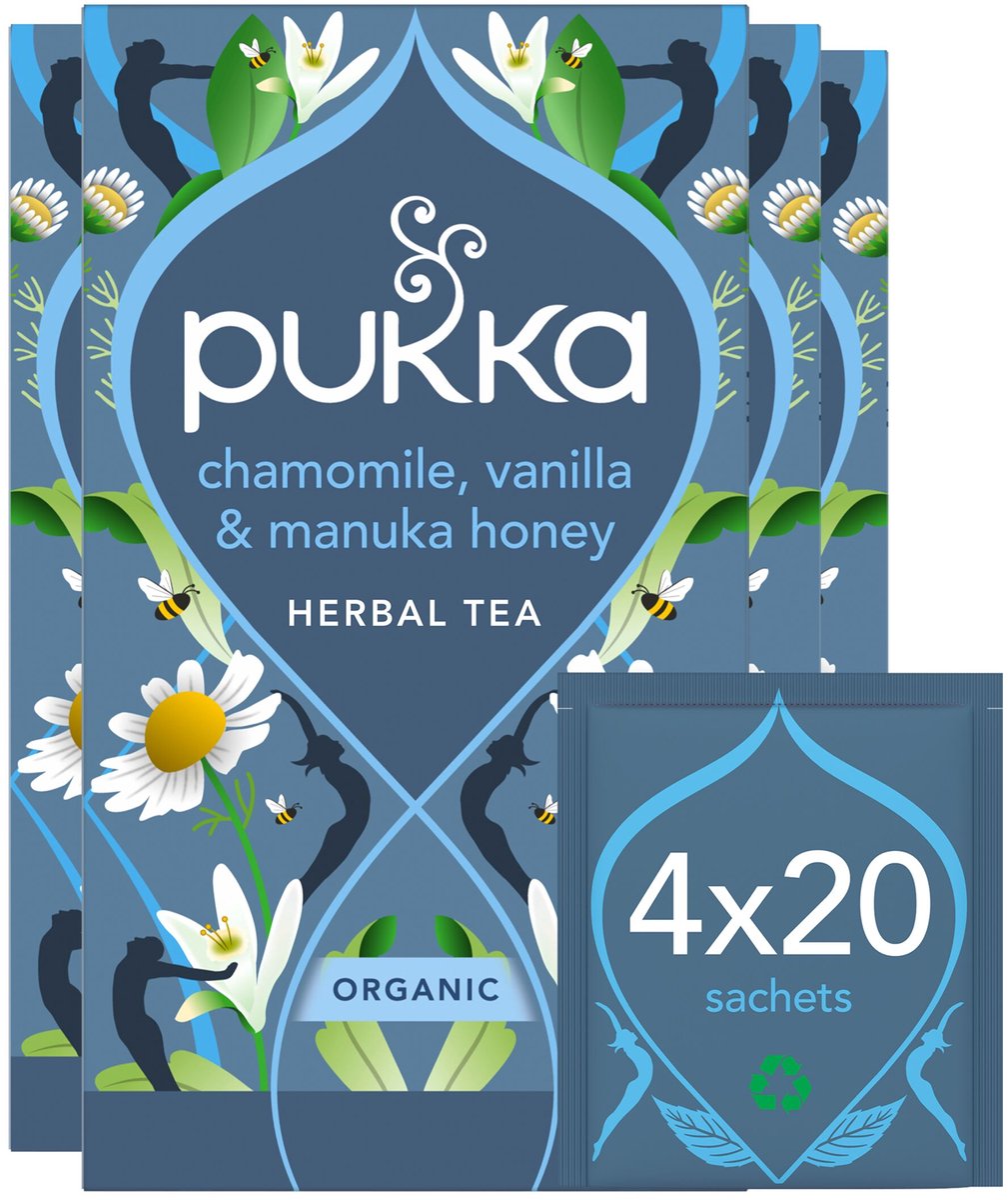 Thé Pukka camomille vanille miel de manuka - 80 sachets de thé - tisane biologique - thé à la camomille - 4 x 20 sachets - pack valeur thé