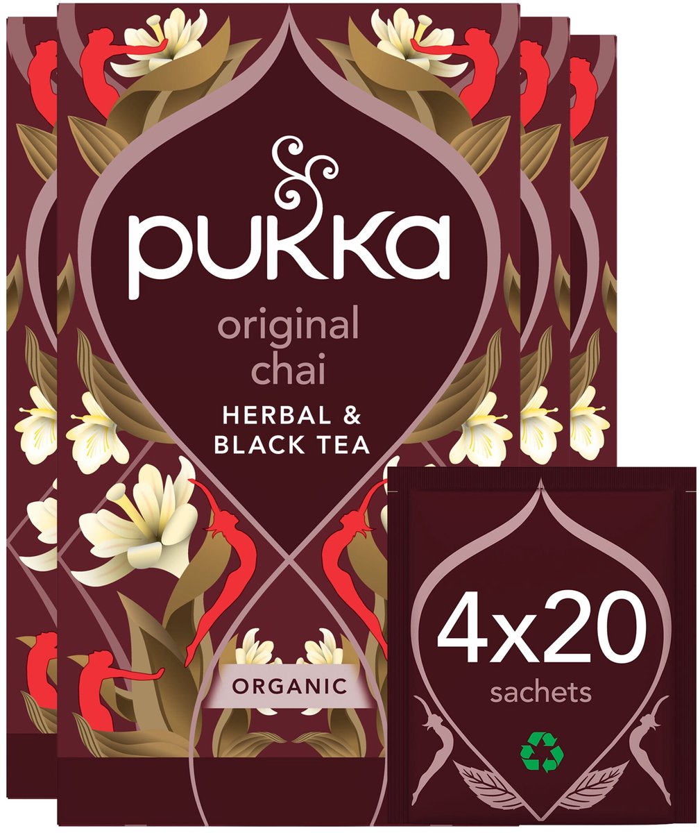 Pukka tea original chai - 80 sachets de thé - tisane biologique - 4 x 20 sachets - pack économique de thé