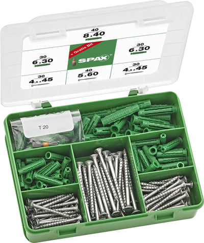 Gamme intérieure Spax, jeu de vis 2 tailles + chevilles, 200 pièces, tête fraisée, t-star plus, wirox - 5000009100109
