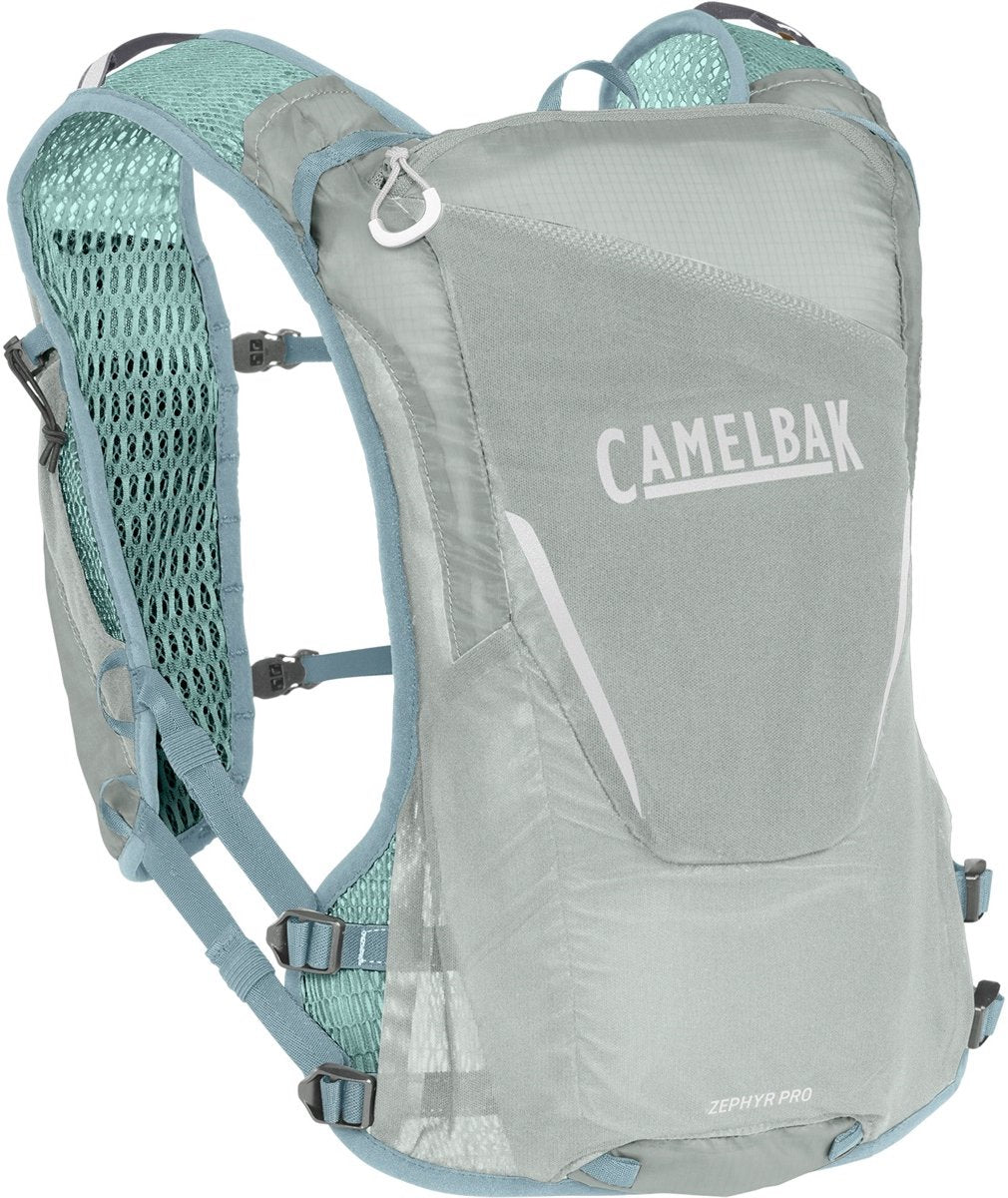 Gilet Camelbak Zephyr pour homme - taille unique - matériau ultra léger - espace pour 2 bouteilles flexibles de 500 ml - réfléchissant - 8 compartiments - gilet de course - porte-gobelet - sac à boire - gris avec turquoise