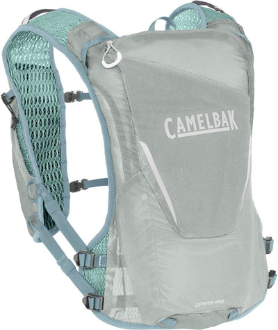 Gilet Camelbak Zephyr pour homme - taille unique - matériau ultra léger - espace pour 2 bouteilles flexibles de 500 ml - réfléchissant - 8 compartiments - gilet de course - porte-gobelet - sac à boire - gris avec turquoise