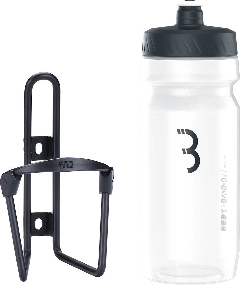 Réservoir de carburant vélo Bbb - porte-bouteille en aluminium avec bouteille - 550 ml - noir mat transparent - vélo de course VTT - porte-gourde vélo - bbc-03c