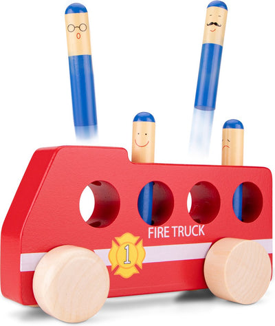 Woet ® camion de pompier pop up en bois - camion de pompier rouge avec pompiers - véhicule jouet fsc - jeu d'action - jouets éducatifs - à partir de 2 ans