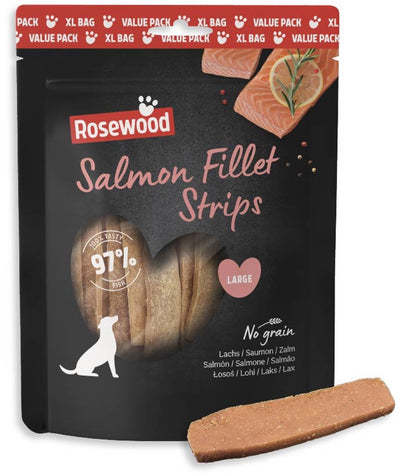 Lanières de filet de saumon au bois de rose pour gros chien - 97 % de saumon - Pack économique 400 g - sans céréales - sans additifs artificiels