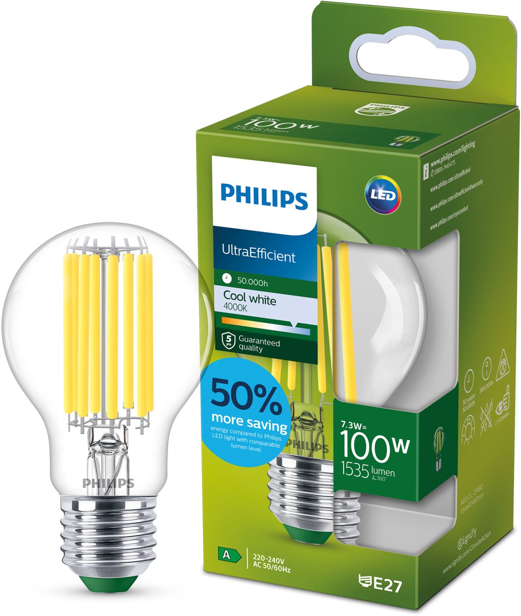 Philips LED Lampe LED ultra efficace Philips transparente - 100 W - E27 - lumière blanc froid