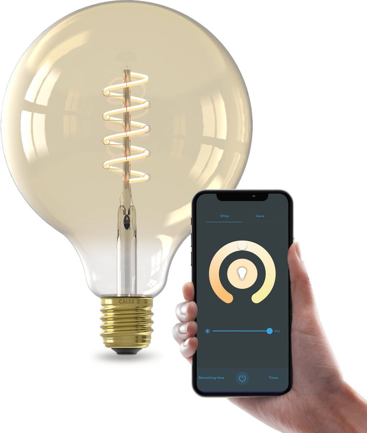 Lampe LED intelligente Calex - e27 - éclairage wifi - filament - globe 12,5 cm - source de lumière intelligente or - dimmable - lumière blanc chaud - 7w