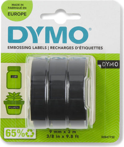Ruban d'étiquettes en relief original Dymo | rouleaux de 9 mm x 3 m | blanc sur noir | autocollant | pour étiqueteuses pour gaufrage | 3 pièces