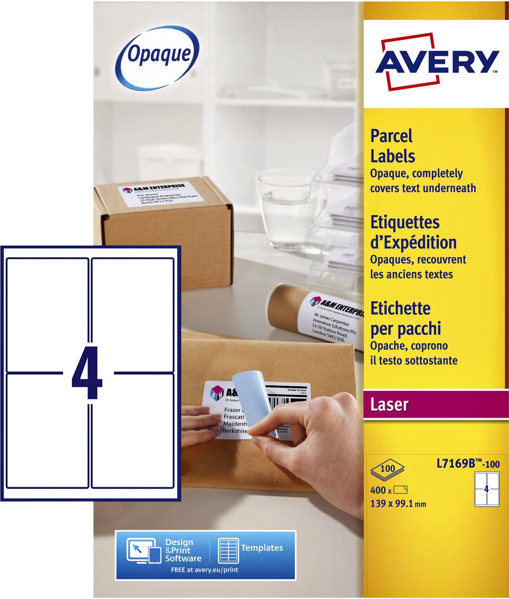 Etiquette d'expédition avery block-out - 99 - 1 x 139mm boîte blanche 100 feuilles - 4 étiquettes par feuille