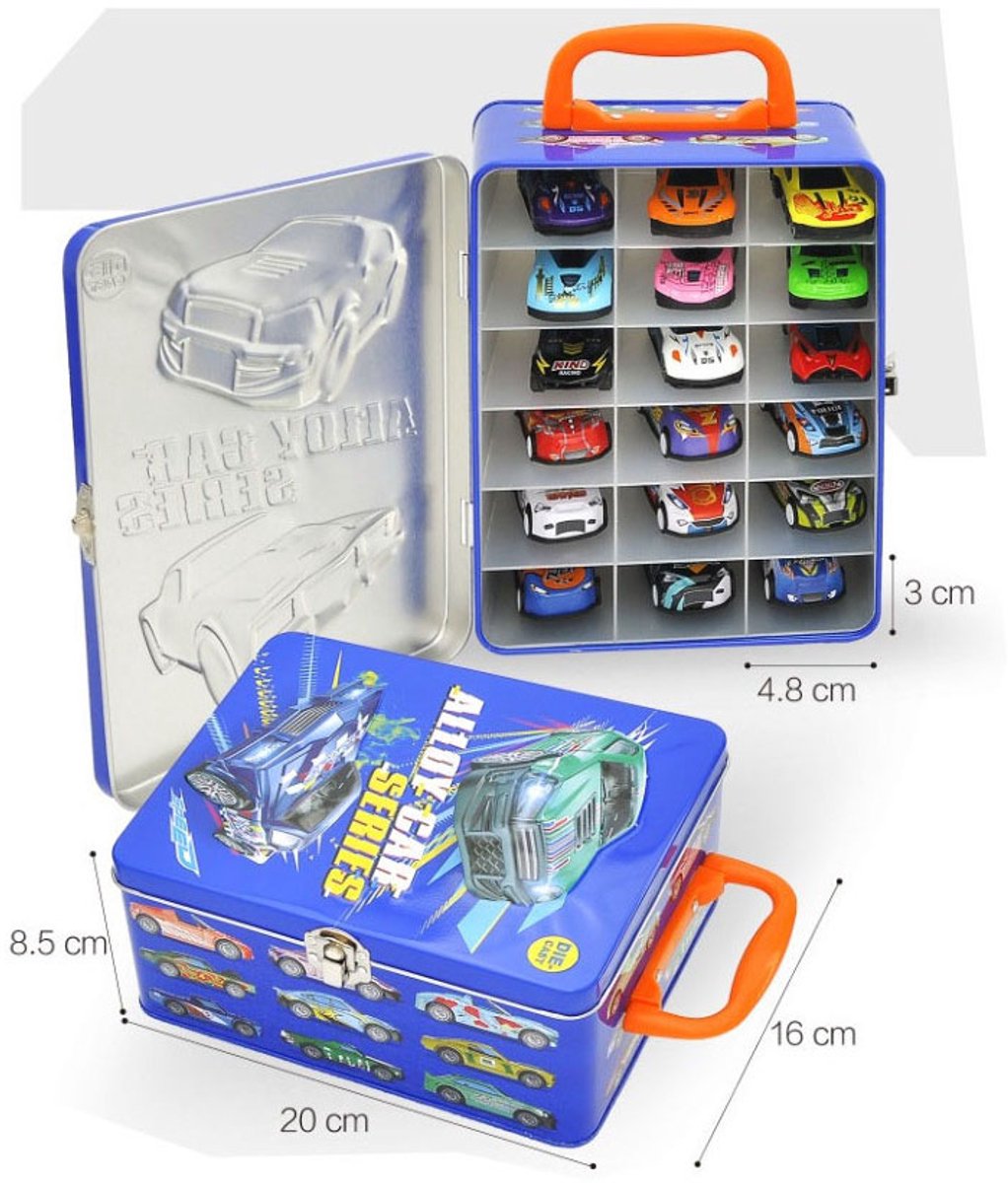 Voitures moulées sous pression dans une boîte de rangement, 18 pcs