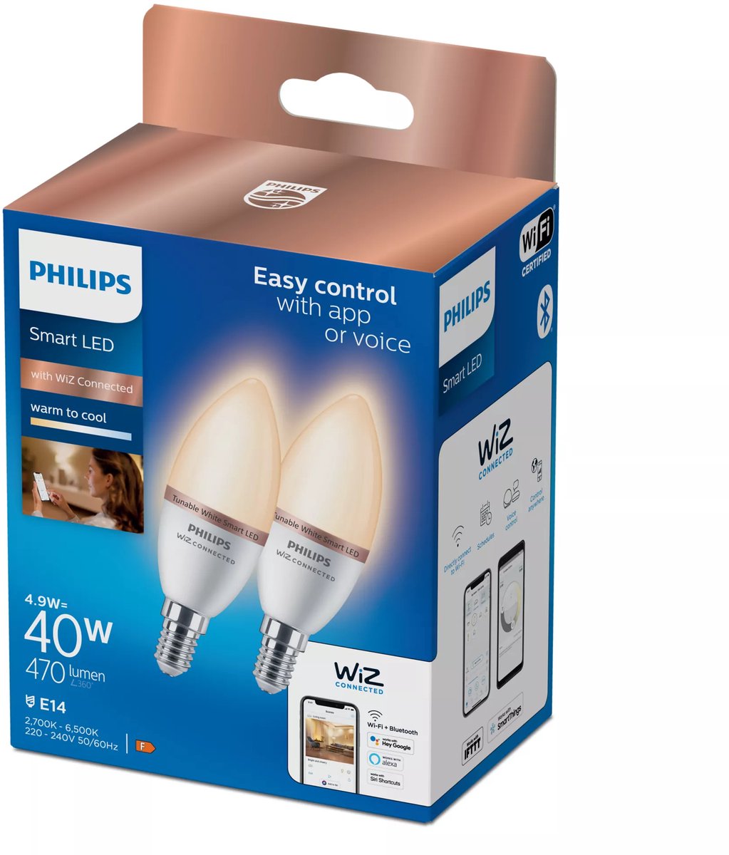 Philips Lighting Philips Smart Lighting - Lot de 2 lampes bougies - Éclairage LED intelligent - Lumière blanche chaude à froide - E14 - 40 W - Mat - Wi-Fi