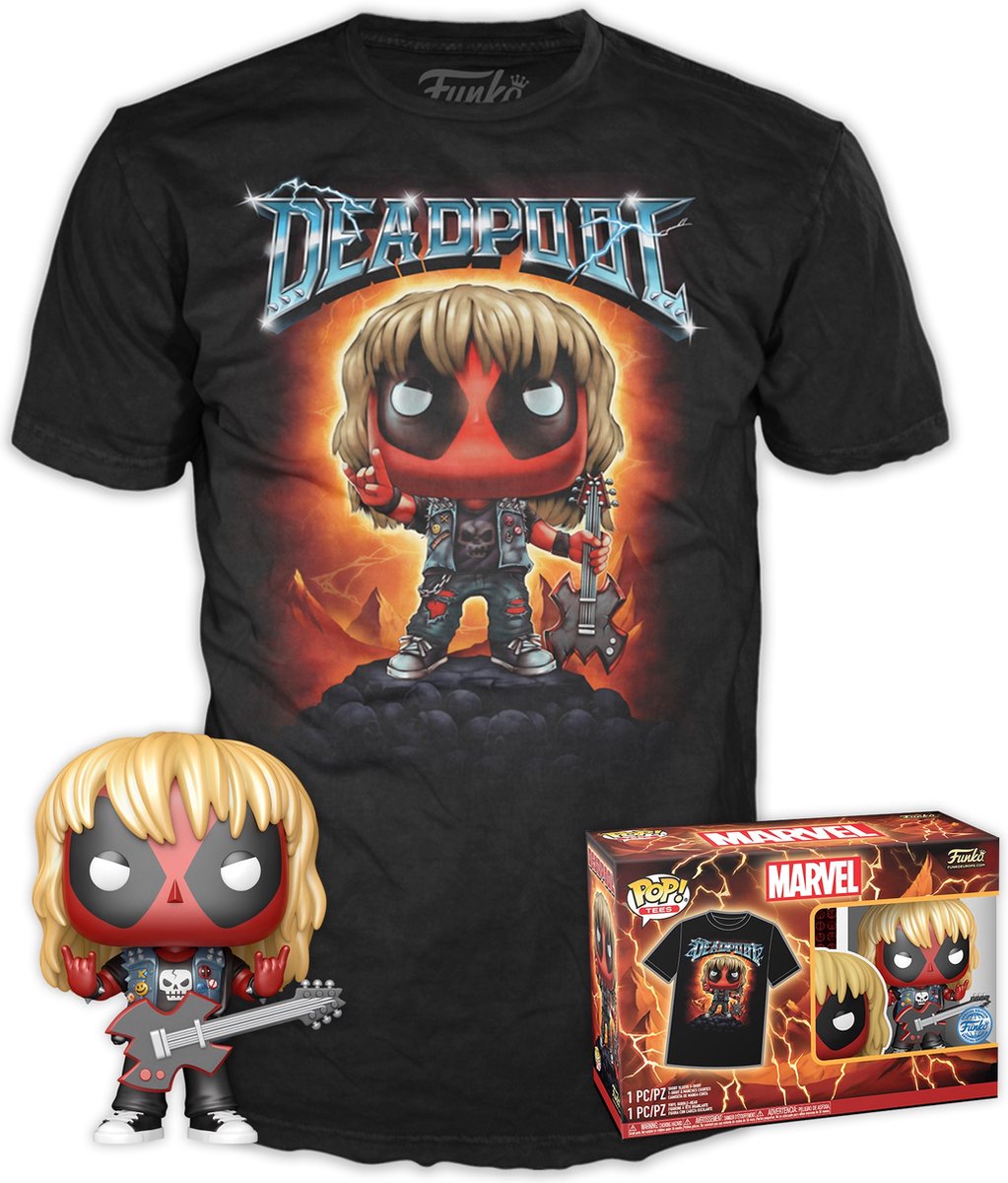 Funko-pop ! tee box marvel: deadpool (heavy metal) guitare métallique édition spéciale exclusive - taille m