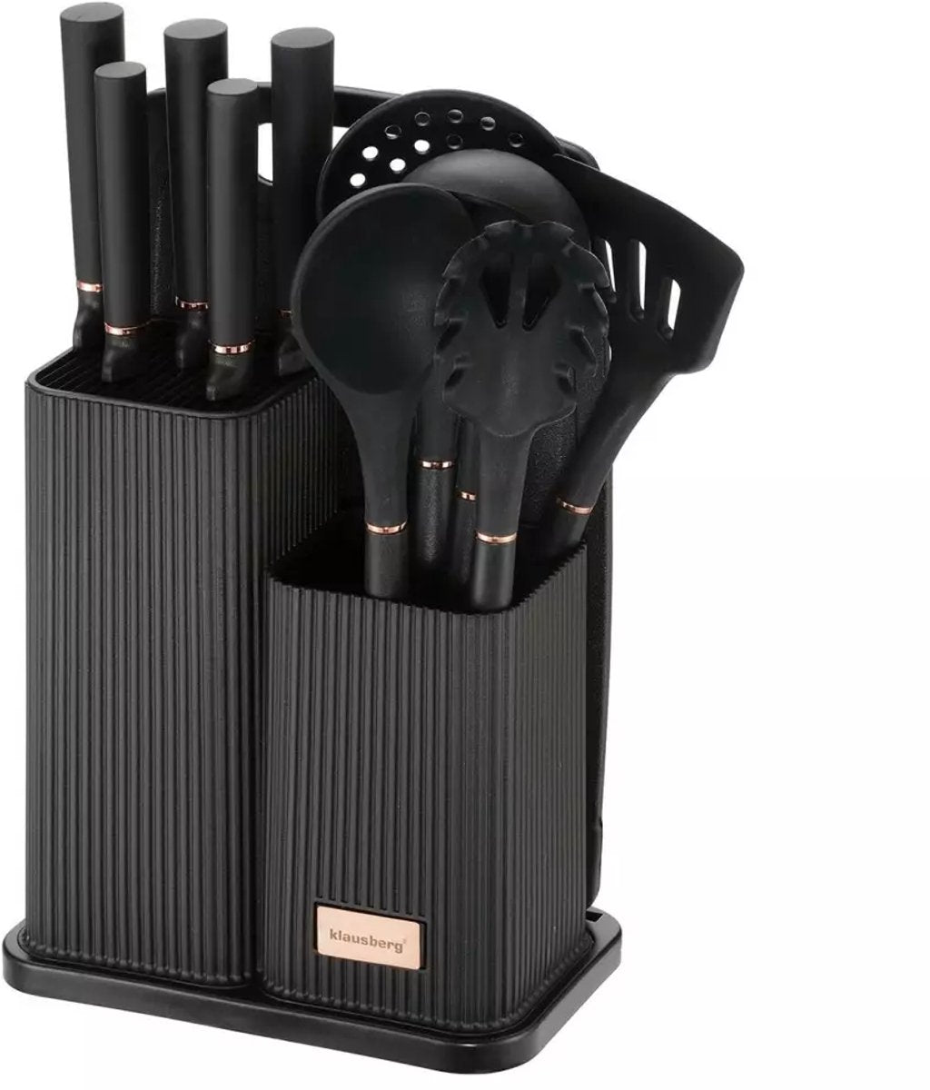 Klausberg Ensemble de cuisine 12 pièces avec couteaux, outils et planche à découper - noir - avec étagère de rangement