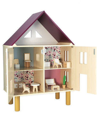 Janod twist - maison de poupée - maison de poupée en bois à trois étages - fournie avec 11 meubles pour meubler la maison - dès 3 ans