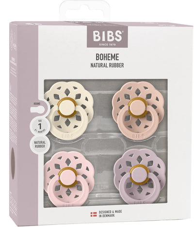 Sucette Bibs bohème - ronde - 4 pièces - 6-18 mois - ivoire blush fleur lilas sombre