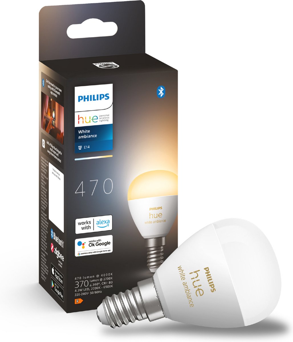 Lampe boule Philips hue - lumière blanche chaude à froide - paquet de 1 - e14