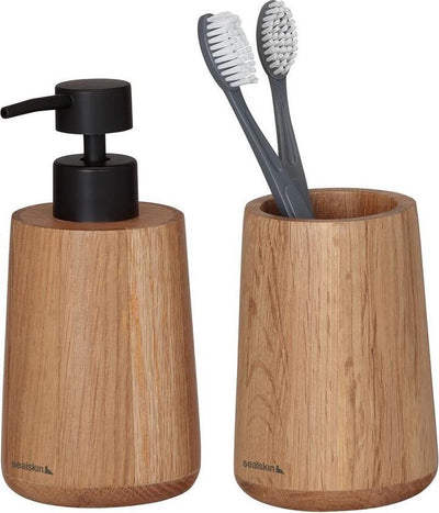 Sealskin earth - set de salle de bain - distributeur de savon 150 ml - gobelet à brosse à dents - chêne